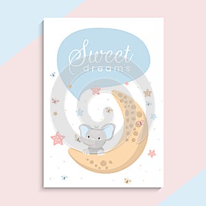 Cute little elephant on the moon. Sweet dreams vector illustration for kids