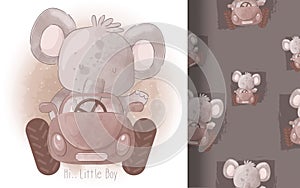 cute little elephant riding car with seamless pattern. illustration for kids