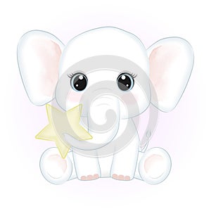 Cute little Elephant and star hand drawn illustration