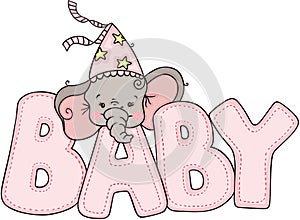 Cute little elephant with word baby of pink