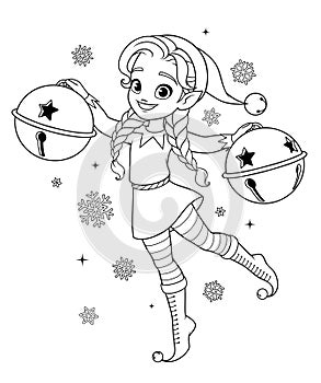 Cute little Elf girl with Christmas jingle bells. Santas little helper coloring book page vector illustration.