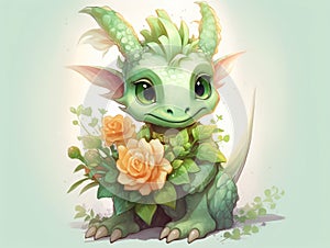 Cute little fabulous green dragon cub with a bouquet of orange flowers