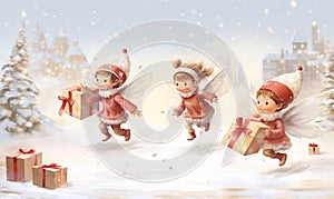 Cute little fairies girls holding a Christmas present in the snowy white forest.
