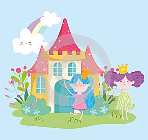 Cute little fairies princess tale cartoon castle rainbow flowers