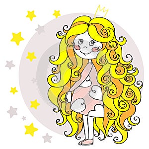 Cute little fairy girl in the crown with the stars. Hand drawn Vector illustration.