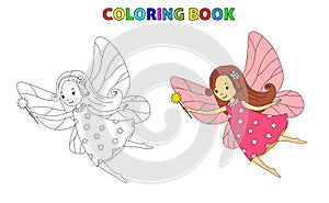 Cute little fairy with wings and magic wand. Vector outline and color illustration for coloring page