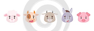 Cute little farm animals heads set. Collection funny animals characters for kids cards, baby shower, birthday invitation, house