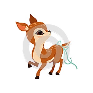 Cute little fawn character with a bow on the tail vector Illustration on a white background