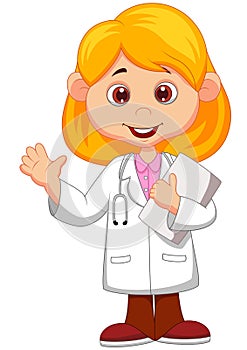 Cute little female doctor cartoon waving hand