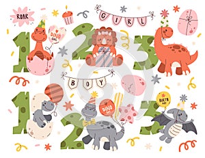 Cute little figure of dinosaurs with birthday numbers and decoration set vector illustration