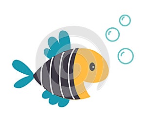 Cute Little Fish as Sea Animal in Striped Vest Floating Underwater Vector Illustration