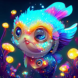 Cute little fish in neon light. Cartoon style. Vector illustration. AI generated