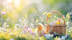 Cute little fluffy yellow chicken Easter eggs and wicker basket with chamomile flowers. Pastel colors soft morning light