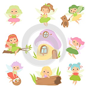 Cute Little Forest Fairies Set, Lovely Fairies Girls Cartoon Characters and Fairytale Fantasy House Vector Illustration
