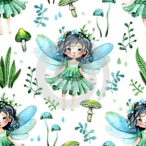 cute little forest fairy. seamless pattern, mushrooms and forest herbs. print for children, watercolor drawing
