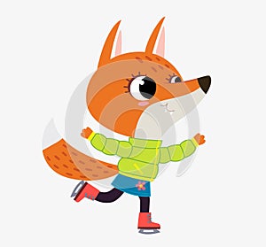 A cute little fox bear wearing a fancy clothes jacket and skirt skating on a frozen river. The foxy is having fun at the