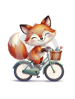 Cute little fox on a bike bicycle. Cute watercolor illustration