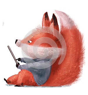 cute little fox character with blue sweater and tablet