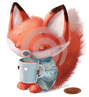 cute little fox character with blue sweater and tea cup