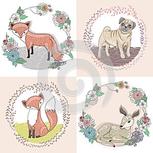 Cute little fox, deer and pug illustration set