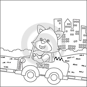 Cute little fox driving a taxy go to downtown, funny animal cartoon,  Trendy children graphic with Line Art Design Hand Drawing photo
