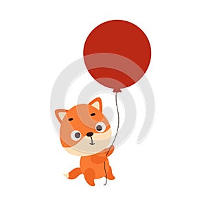 Cute little fox flies on red balloon. Cartoon animal character for kids t-shirt, nursery decoration, baby shower