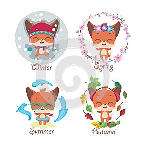 Cute little fox and four seasons
