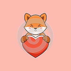 Cute little fox holding red heart love