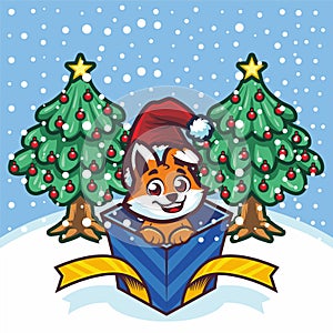Cute Little Fox inside the christmas Gift Box vector
