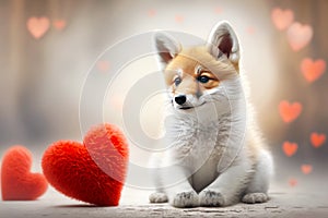 Cute little fox with red hearts. Valentine's Day greeting card illustration. Romantic Valentine’s day card with