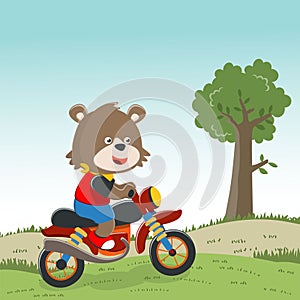 Cute little fox Riding motorcycle, funny animal cartoon,vector illustration. Creative vector childish background for fabric,