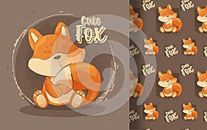 cute little fox with seamless pattern. illustration for kids