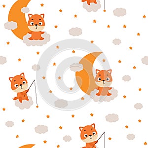 Cute little fox sitting on cloud and fishing star seamless childish pattern. Funny cartoon animal character for fabric