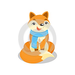 Cute little fox wearing blue scarf, funny pup cartoon character vector Illustration on a white background