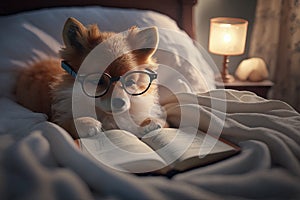 Cute little fox wearing glasses reading in bed