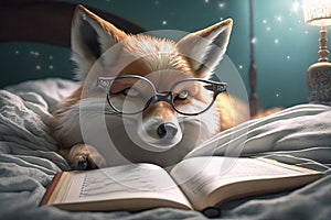 Cute little fox wearing glasses reading in bed