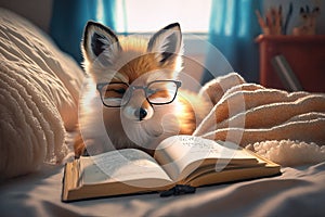 Cute little fox wearing glasses reading in bed