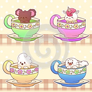 Cute little funny kawaii animal koala, parrot, seal, unicorn, pet illustration in a tea coffee cup cartoon vector print illustrati