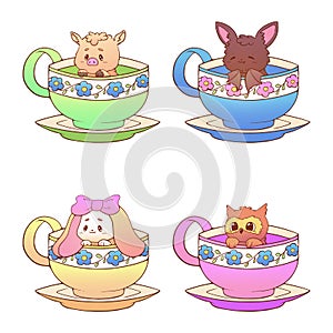 Cute little funny kawaii animal owl, bat, pig, rabbit pet illustration in a tea coffee cup cartoon vector print illustration
