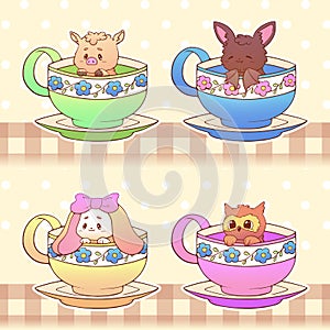 Cute little funny kawaii animal owl, bat, pig, rabbit pet illustration in a tea coffee cup cartoon vector print illustration