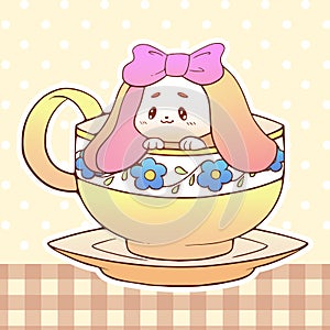 Cute little funny kawaii animal pet illustration in a tea coffee cup cartoon vector print illustration