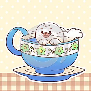 Cute little funny kawaii animal pet illustration in a tea coffee cup cartoon vector print illustration