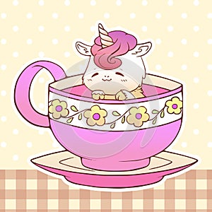 Cute little funny kawaii animal pet unicorn illustration in a tea coffee cup cartoon vector print illustration