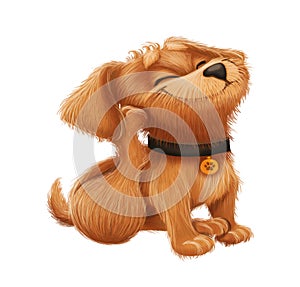 Cute Little Furry Puppy - Cartoon Animal Character Mascot Sitting and Scratching Perky Ears