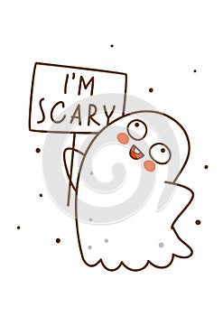 Cute little ghost isolated on white background - cartoon character for funny Halloween greeting card and poster design