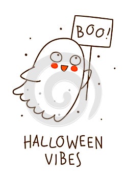 Cute little ghost isolated on white background - cartoon character for funny Halloween greeting card and poster design