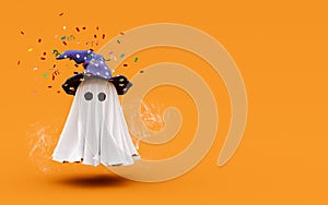 Cute little ghost with party witch hat on orange background with copy space.