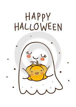 Cute little ghost with pumpkin isolated on white background - cartoon character for funny Halloween greeting card and poster
