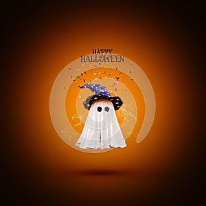 Cute little ghost with witch hat and Happy Halloween text on orange background.