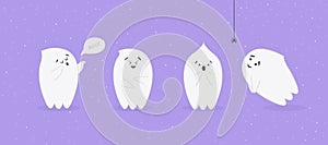 Cute little ghosts on purple background.